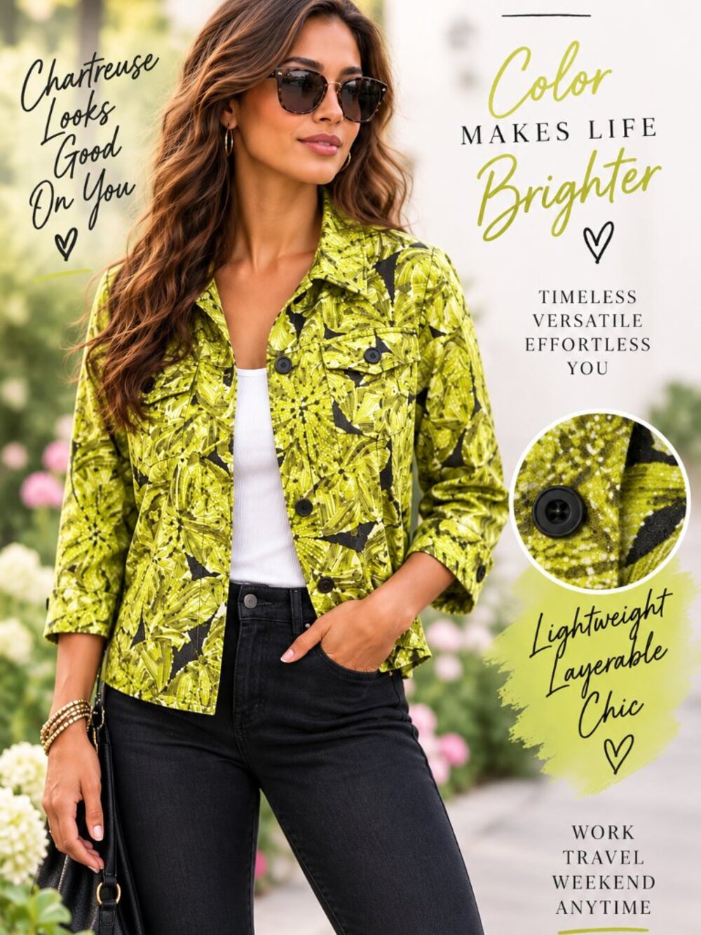Chartreuse Lime Green Floral Shirt Jacket Shacket Womens 3/4 Sleeve Lightweight